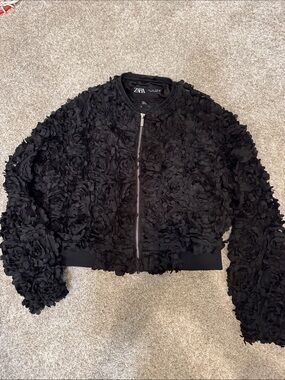 Zara Black Floral Applique Bomber Jacket